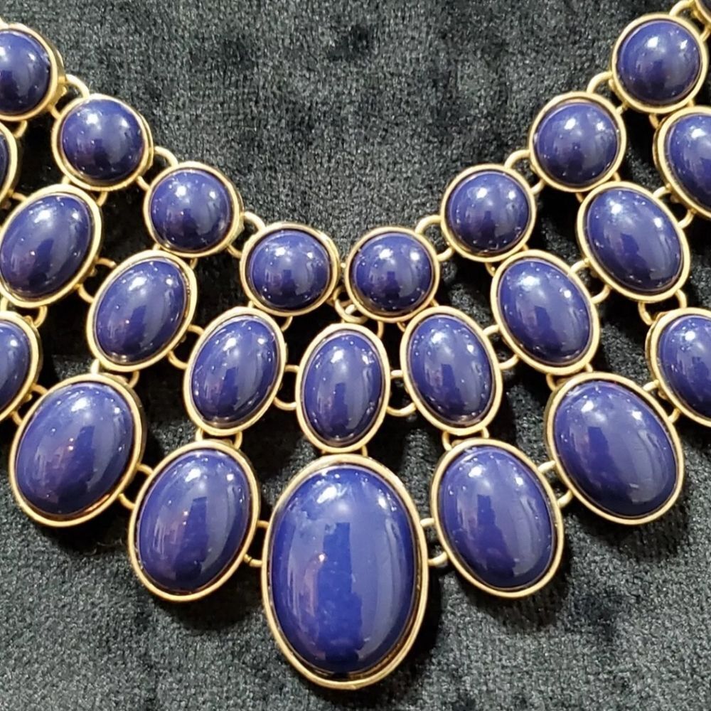 Blue Rhinestone Gold Chain Statement Necklace Vtg - Picture 6 of 8